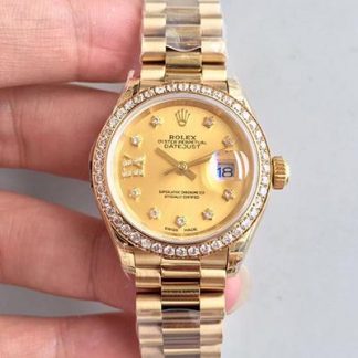 【劳力士279138RBR】高仿复刻Rolex 劳力士,女装日志型279138RBR,18K包金,黄金钻圈香槟色面钻标,女士自动机械表价格_多少钱_报价-实名表业高仿手表商城